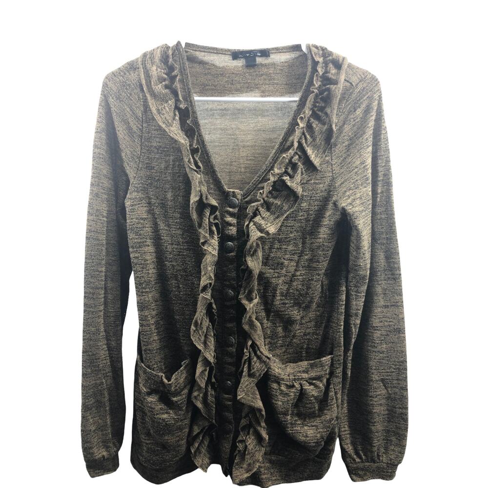 Love Free Brown Ruffled Button Down Cardigan Sweater Women's Size Medium